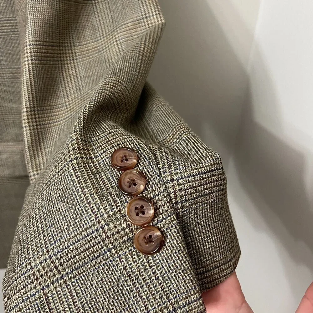 Ralph Lauren Men Brown Blazer 46R Tweed Plaid Wool Single Breast Silk Sport Coat